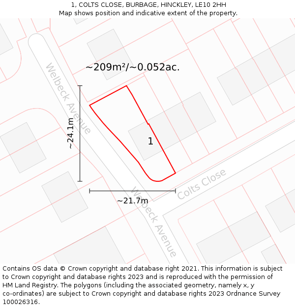 1, COLTS CLOSE, BURBAGE, HINCKLEY, LE10 2HH: Plot and title map