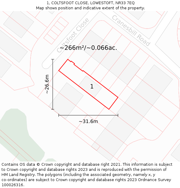 1, COLTSFOOT CLOSE, LOWESTOFT, NR33 7EQ: Plot and title map