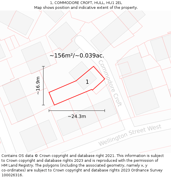 1, COMMODORE CROFT, HULL, HU1 2EL: Plot and title map