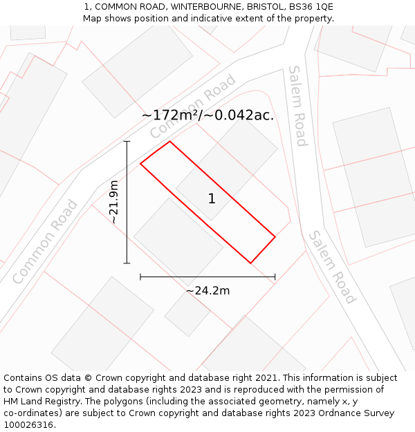 1, COMMON ROAD, WINTERBOURNE, BRISTOL, BS36 1QE: Plot and title map