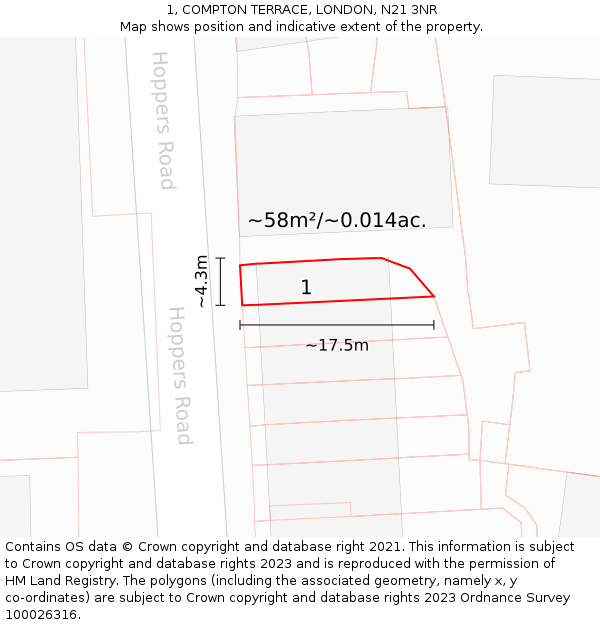 1, COMPTON TERRACE, LONDON, N21 3NR: Plot and title map