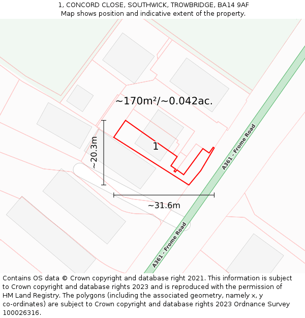 1, CONCORD CLOSE, SOUTHWICK, TROWBRIDGE, BA14 9AF: Plot and title map