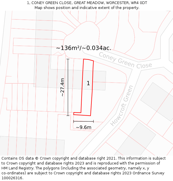 1, CONEY GREEN CLOSE, GREAT MEADOW, WORCESTER, WR4 0DT: Plot and title map