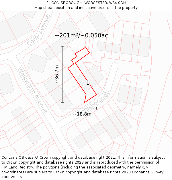 1, CONISBOROUGH, WORCESTER, WR4 0DH: Plot and title map