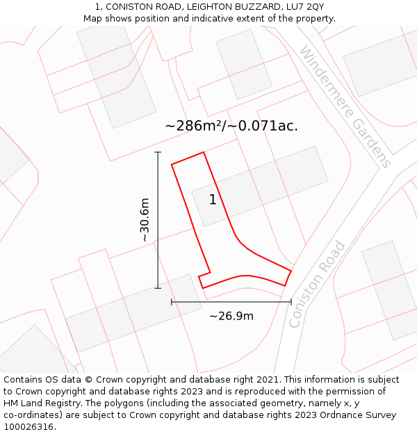 1, CONISTON ROAD, LEIGHTON BUZZARD, LU7 2QY: Plot and title map