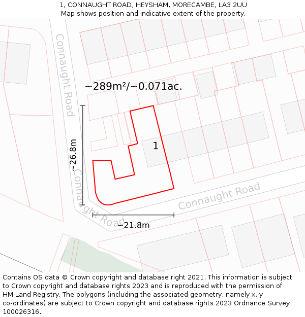 1, CONNAUGHT ROAD, HEYSHAM, MORECAMBE, LA3 2UU: Plot and title map
