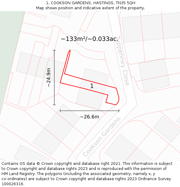 1, COOKSON GARDENS, HASTINGS, TN35 5QH: Plot and title map