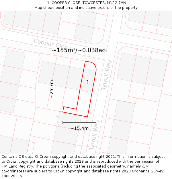1, COOPER CLOSE, TOWCESTER, NN12 7AN: Plot and title map