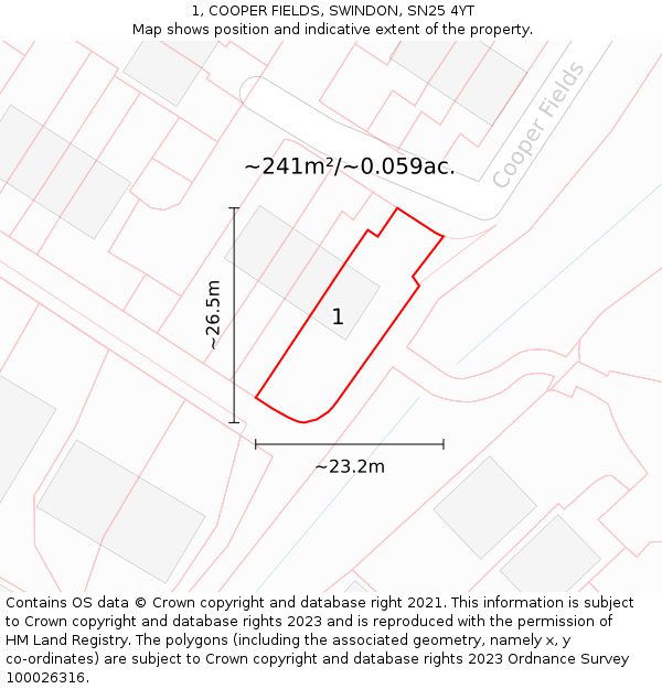 1, COOPER FIELDS, SWINDON, SN25 4YT: Plot and title map