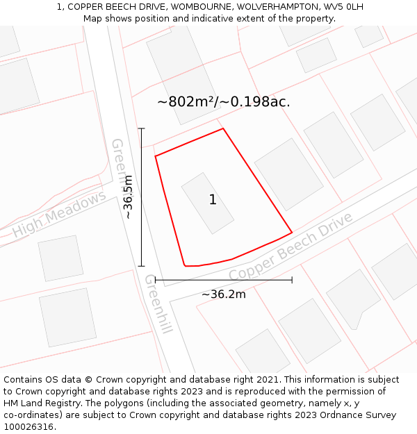 1, COPPER BEECH DRIVE, WOMBOURNE, WOLVERHAMPTON, WV5 0LH: Plot and title map