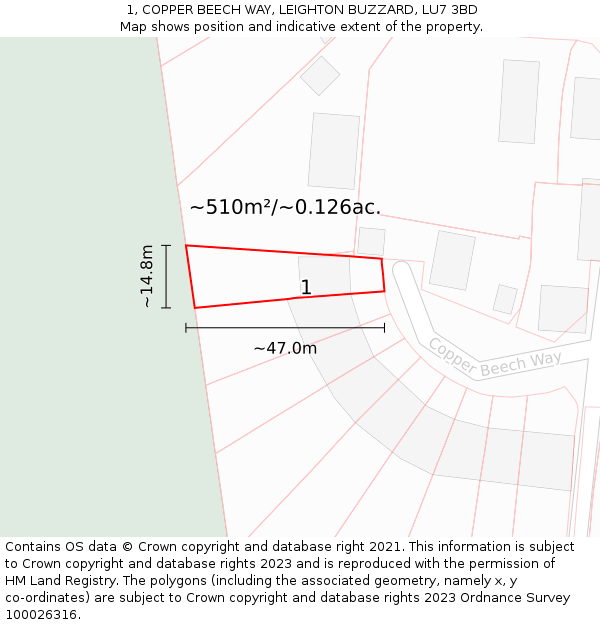 1, COPPER BEECH WAY, LEIGHTON BUZZARD, LU7 3BD: Plot and title map