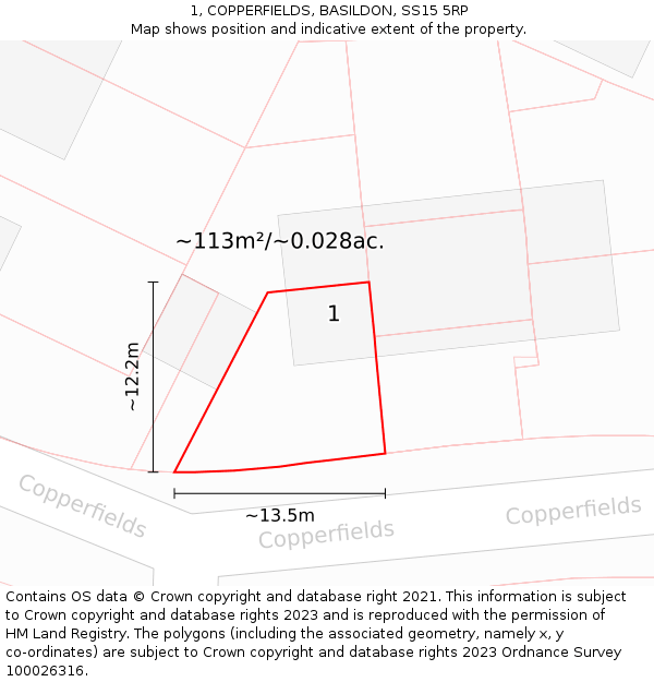 1, COPPERFIELDS, BASILDON, SS15 5RP: Plot and title map