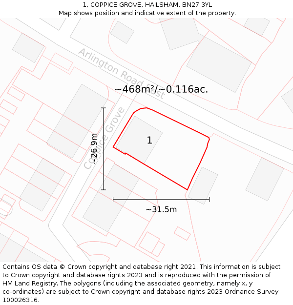 1, COPPICE GROVE, HAILSHAM, BN27 3YL: Plot and title map
