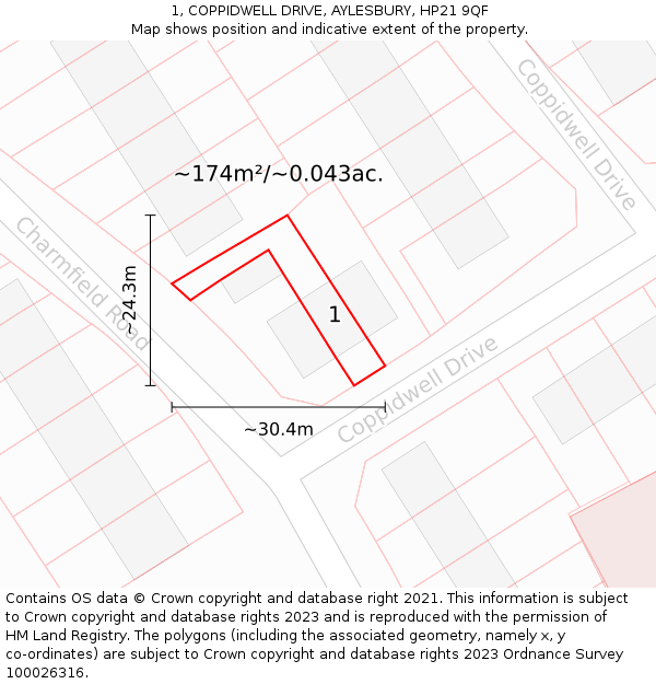 1, COPPIDWELL DRIVE, AYLESBURY, HP21 9QF: Plot and title map