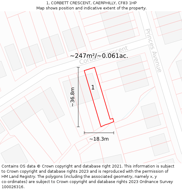 1, CORBETT CRESCENT, CAERPHILLY, CF83 1HP: Plot and title map