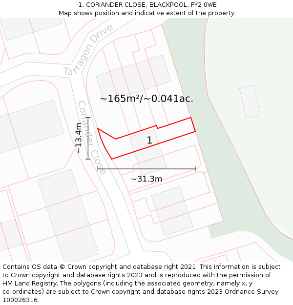 1, CORIANDER CLOSE, BLACKPOOL, FY2 0WE: Plot and title map
