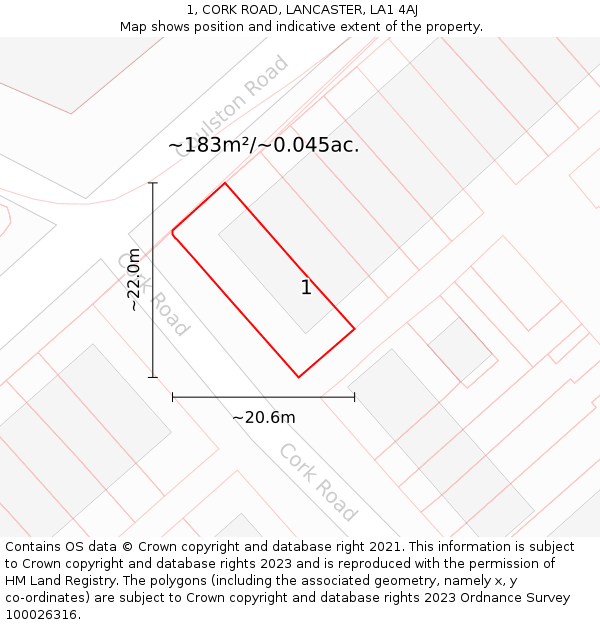 1, CORK ROAD, LANCASTER, LA1 4AJ: Plot and title map