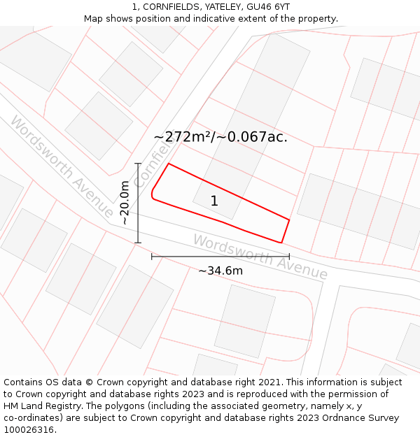 1, CORNFIELDS, YATELEY, GU46 6YT: Plot and title map