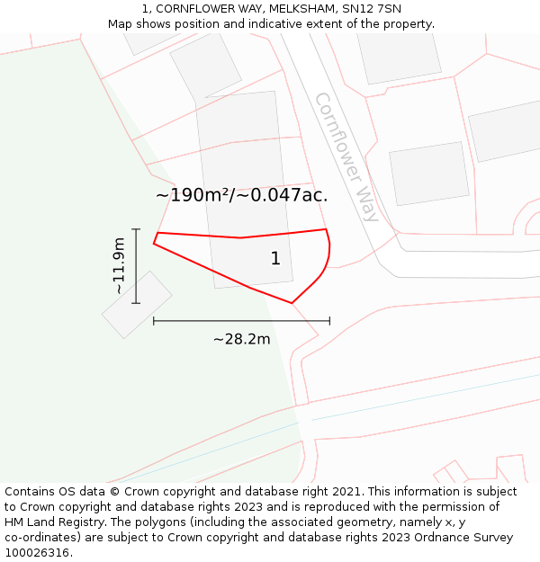 1, CORNFLOWER WAY, MELKSHAM, SN12 7SN: Plot and title map