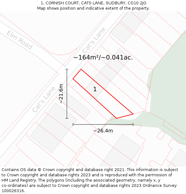 1, CORNISH COURT, CATS LANE, SUDBURY, CO10 2JG: Plot and title map