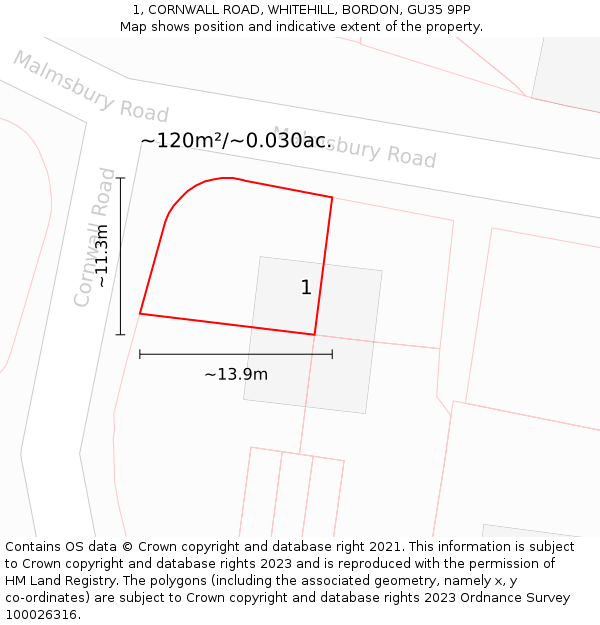 1, CORNWALL ROAD, WHITEHILL, BORDON, GU35 9PP: Plot and title map