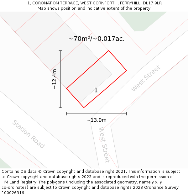1, CORONATION TERRACE, WEST CORNFORTH, FERRYHILL, DL17 9LR: Plot and title map