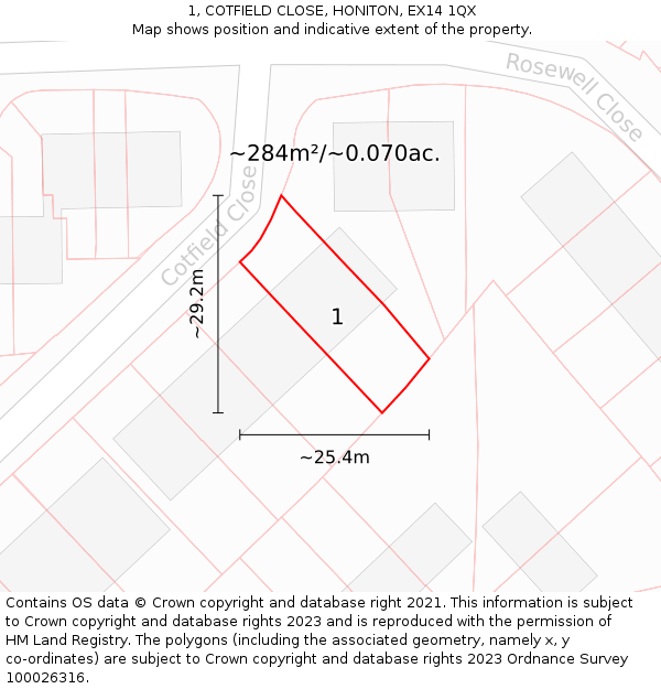 1, COTFIELD CLOSE, HONITON, EX14 1QX: Plot and title map