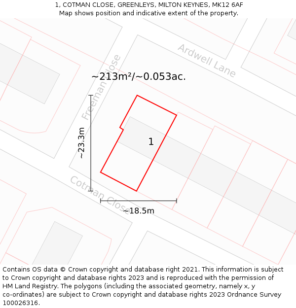 1, COTMAN CLOSE, GREENLEYS, MILTON KEYNES, MK12 6AF: Plot and title map