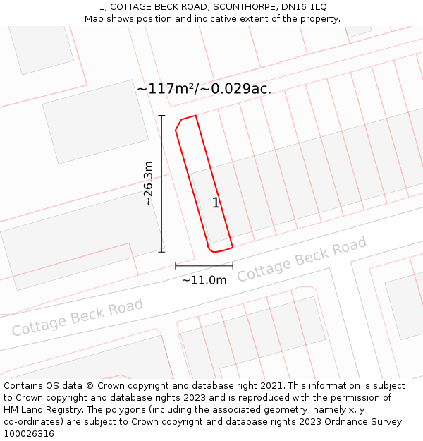 1, COTTAGE BECK ROAD, SCUNTHORPE, DN16 1LQ: Plot and title map