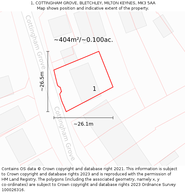 1, COTTINGHAM GROVE, BLETCHLEY, MILTON KEYNES, MK3 5AA: Plot and title map