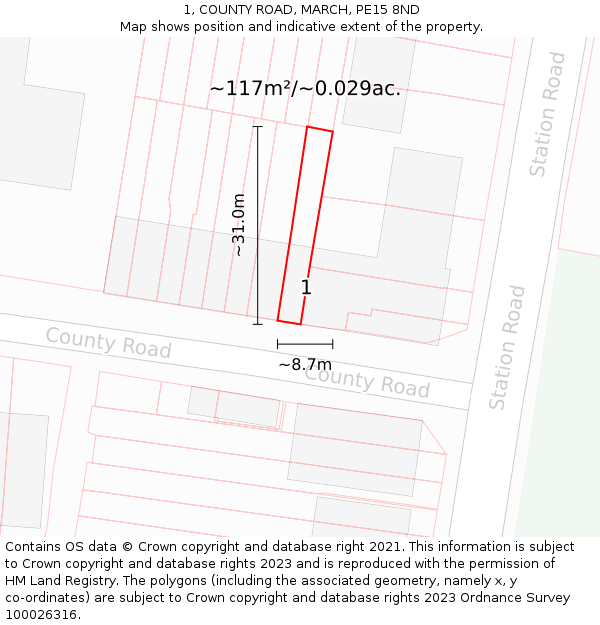 1, COUNTY ROAD, MARCH, PE15 8ND: Plot and title map