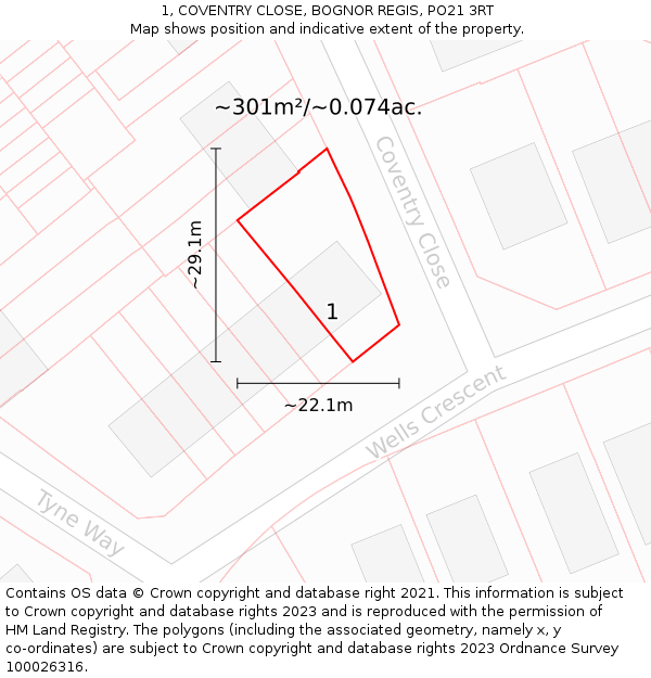 1, COVENTRY CLOSE, BOGNOR REGIS, PO21 3RT: Plot and title map