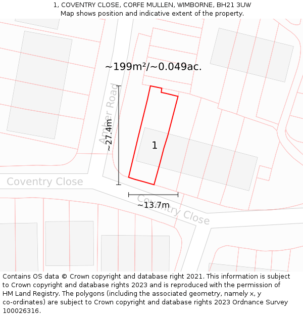 1, COVENTRY CLOSE, CORFE MULLEN, WIMBORNE, BH21 3UW: Plot and title map