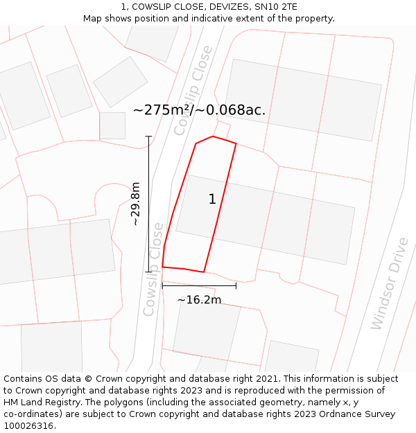 1, COWSLIP CLOSE, DEVIZES, SN10 2TE: Plot and title map