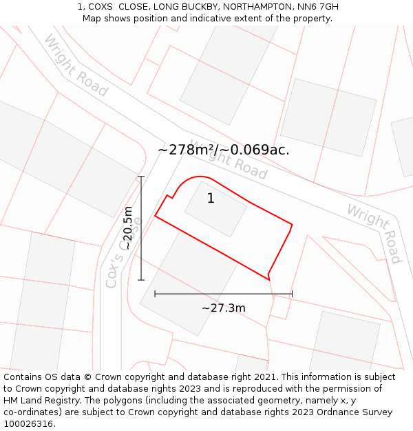1, COXS  CLOSE, LONG BUCKBY, NORTHAMPTON, NN6 7GH: Plot and title map