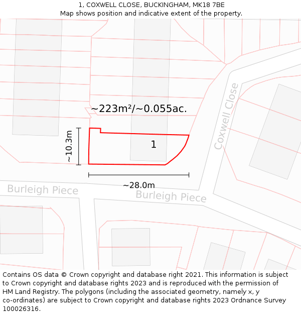 1, COXWELL CLOSE, BUCKINGHAM, MK18 7BE: Plot and title map