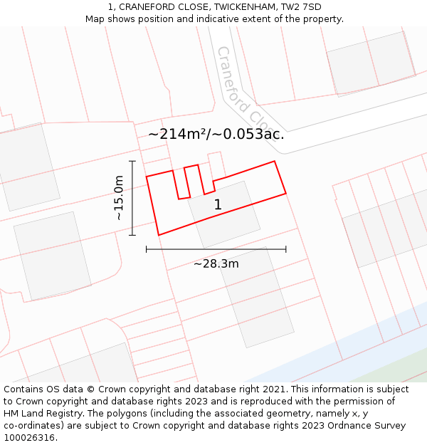 1, CRANEFORD CLOSE, TWICKENHAM, TW2 7SD: Plot and title map