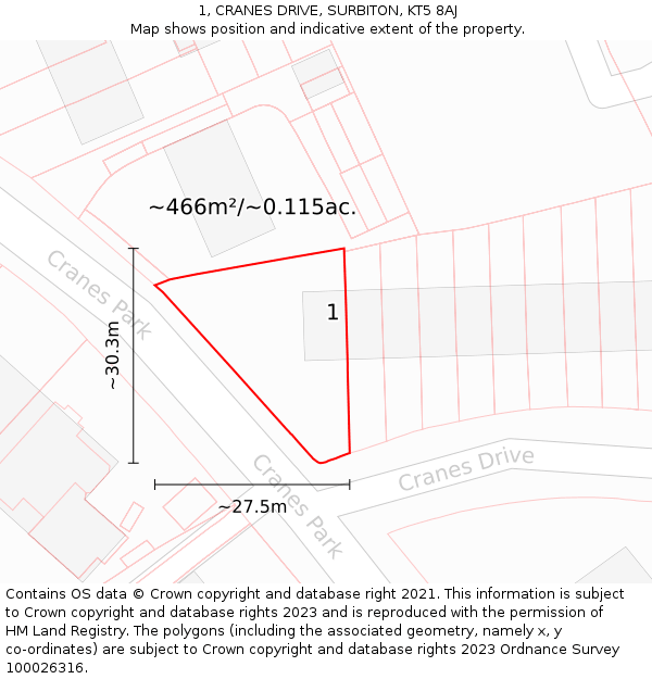 1, CRANES DRIVE, SURBITON, KT5 8AJ: Plot and title map