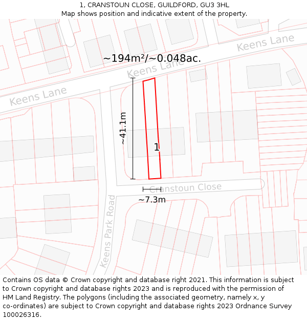 1, CRANSTOUN CLOSE, GUILDFORD, GU3 3HL: Plot and title map