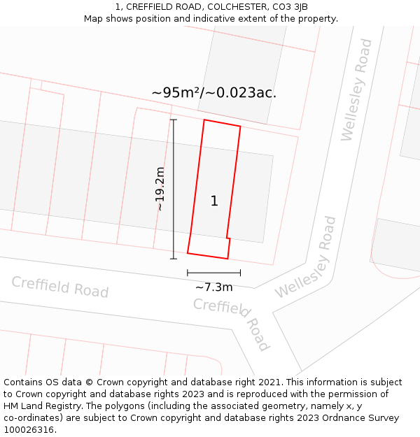1, CREFFIELD ROAD, COLCHESTER, CO3 3JB: Plot and title map