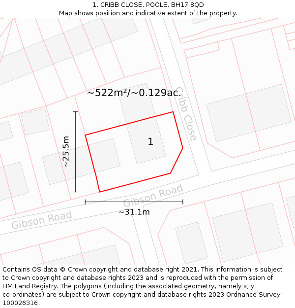 1, CRIBB CLOSE, POOLE, BH17 8QD: Plot and title map