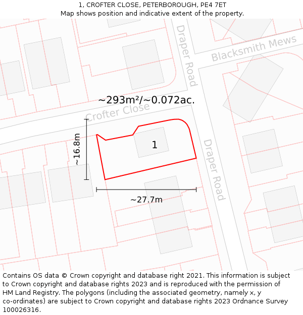 1, CROFTER CLOSE, PETERBOROUGH, PE4 7ET: Plot and title map