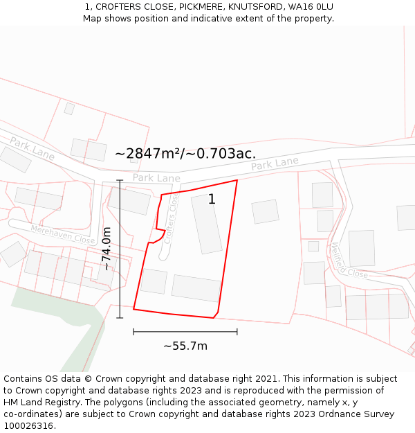 1, CROFTERS CLOSE, PICKMERE, KNUTSFORD, WA16 0LU: Plot and title map