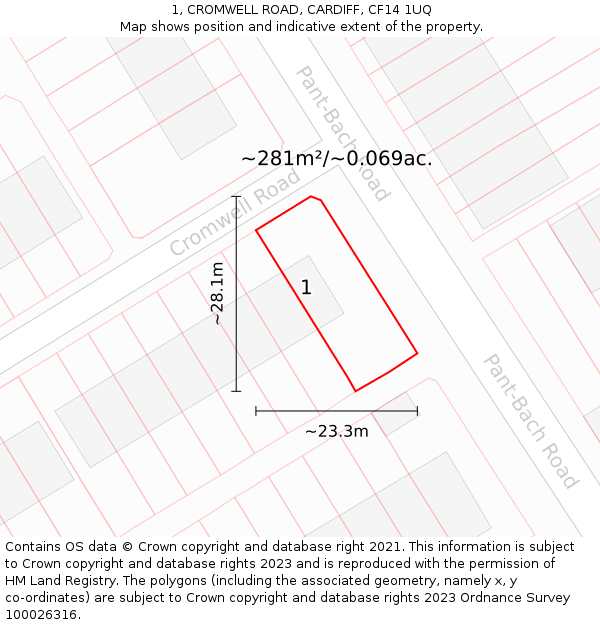 1, CROMWELL ROAD, CARDIFF, CF14 1UQ: Plot and title map
