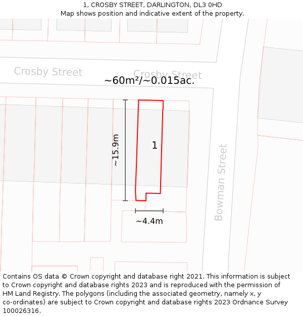 1, CROSBY STREET, DARLINGTON, DL3 0HD: Plot and title map