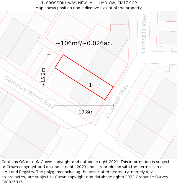 1, CROSSBILL WAY, NEWHALL, HARLOW, CM17 9GP: Plot and title map