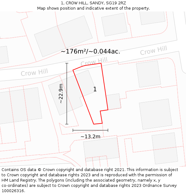 1, CROW HILL, SANDY, SG19 2RZ: Plot and title map