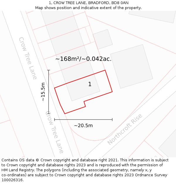 1, CROW TREE LANE, BRADFORD, BD8 0AN: Plot and title map