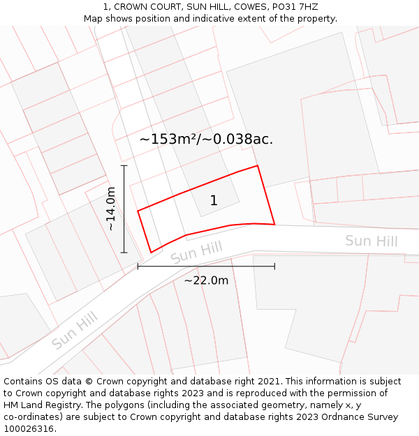 1, CROWN COURT, SUN HILL, COWES, PO31 7HZ: Plot and title map