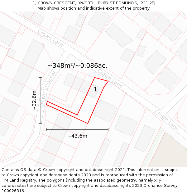 1, CROWN CRESCENT, IXWORTH, BURY ST EDMUNDS, IP31 2EJ: Plot and title map